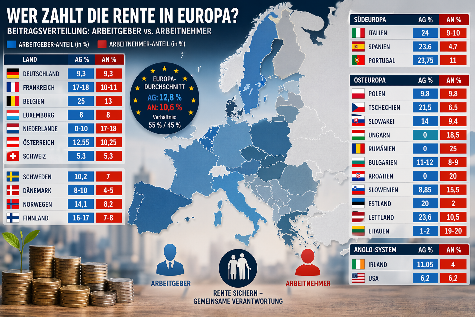 Europa im Rentencheck: Wer zahlt wirklich – Arbeitgeber, Arbeitnehmer oder der Staat?