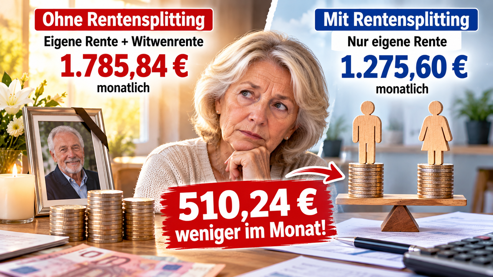Witwenrente oder Rentensplitting? Dieses Beispiel zeigt 510 Euro Unterschied im Monat!